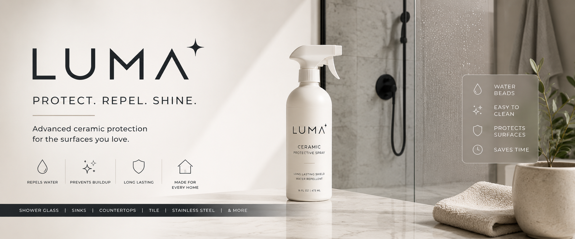 Luma ceramic protective spray displayed in a modern bathroom